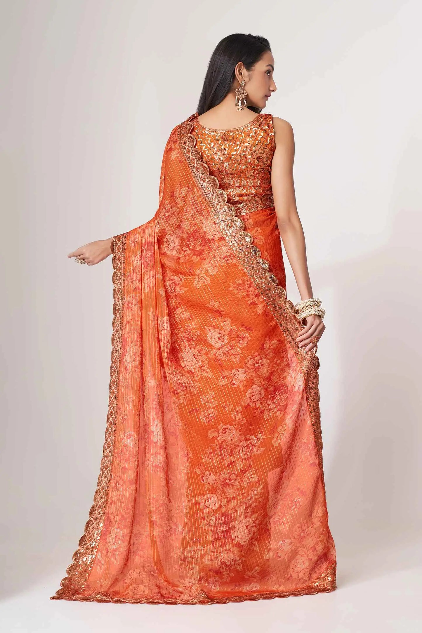 Orange Floral Print Organza Saree With Sequins Work