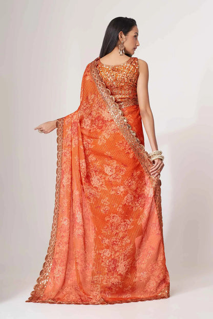 Orange Floral Print Organza Saree With Sequins Work