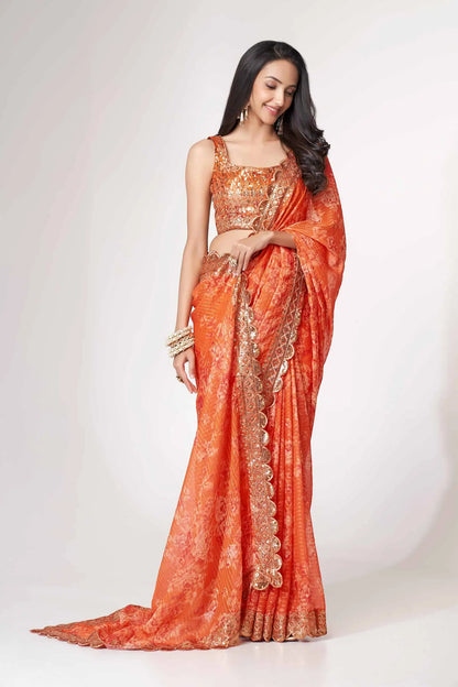Orange Floral Print Organza Saree With Sequins Work