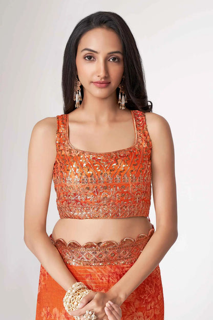 Orange Floral Print Organza Saree With Sequins Work