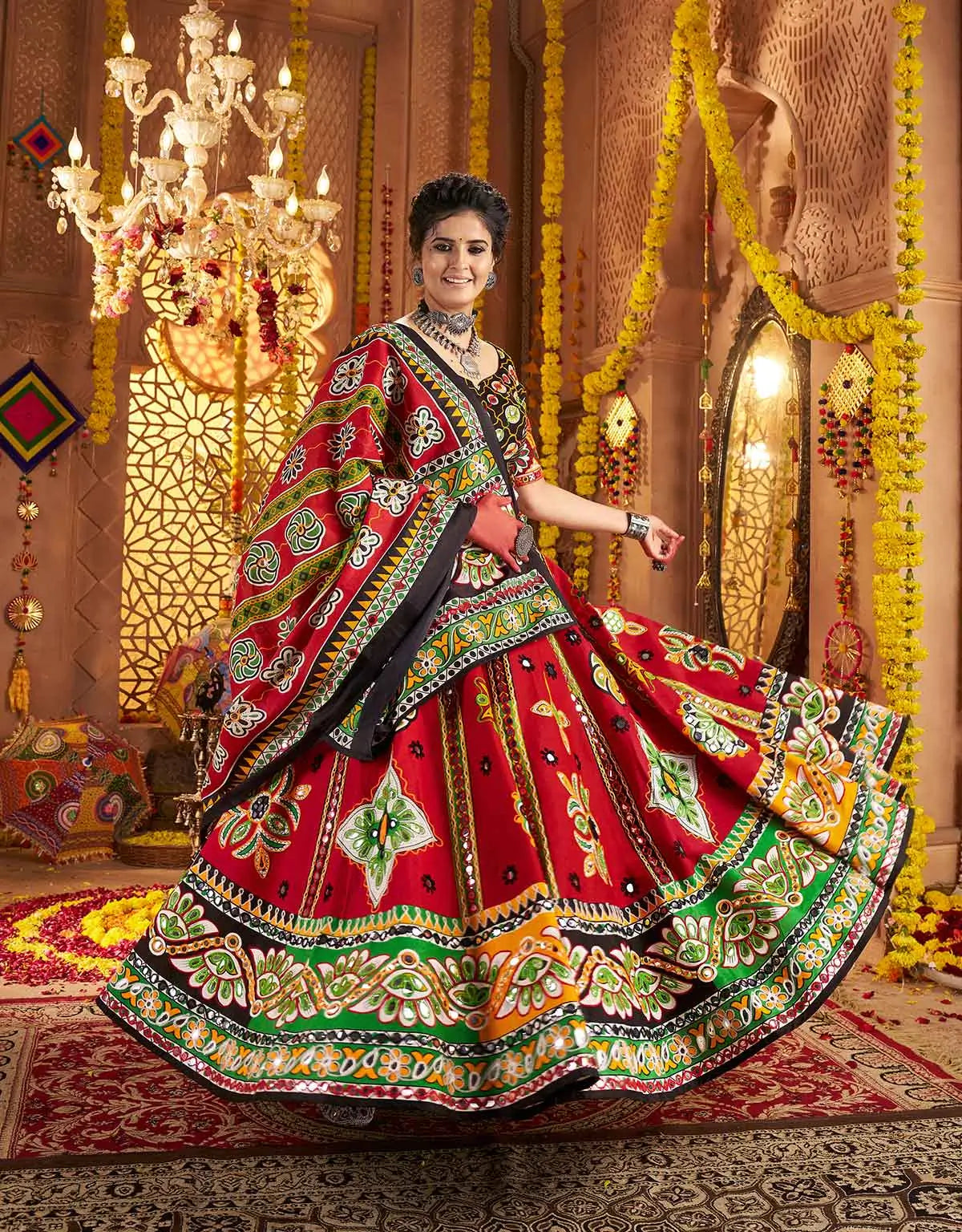 Maroon Print With Aari And Foil Work Organic Cotton Navratri Lehenga Choli