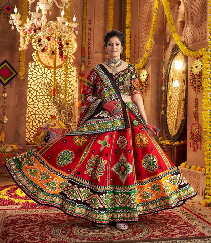 Maroon Print With Aari And Foil Work Organic Cotton Navratri Lehenga Choli