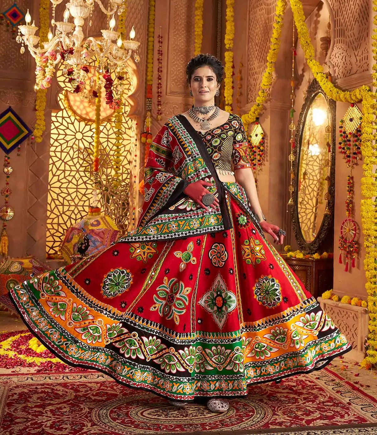 Maroon Print With Aari And Foil Work Organic Cotton Navratri Lehenga Choli