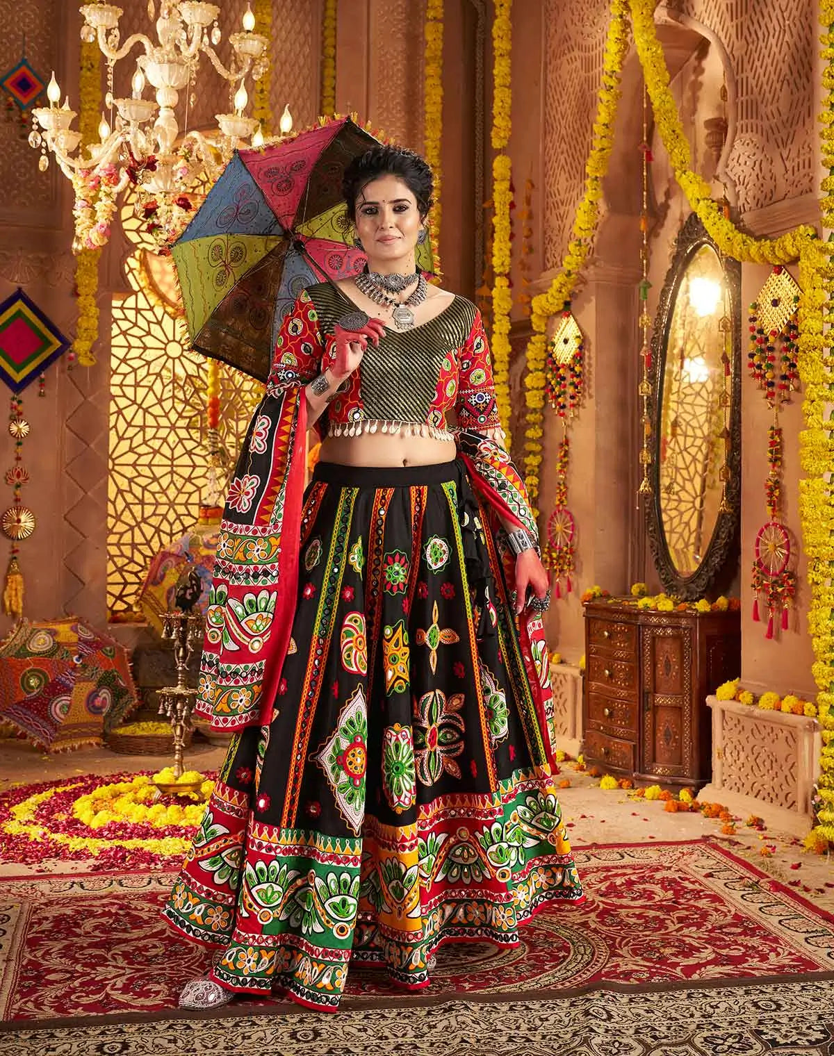 Black Print With Aari And Foil Work Organic Cotton Navratri Lehenga Choli
