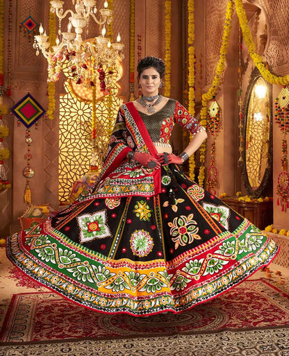 Black Print With Aari And Foil Work Organic Cotton Navratri Lehenga Choli