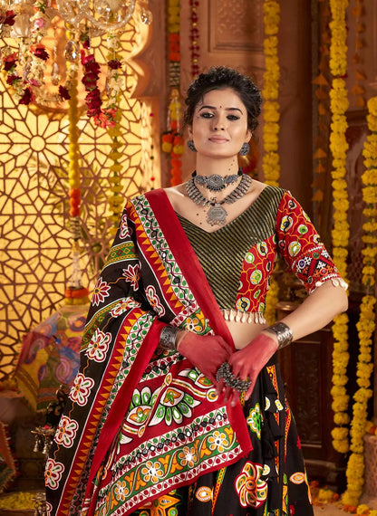 Black Print With Aari And Foil Work Organic Cotton Navratri Lehenga Choli