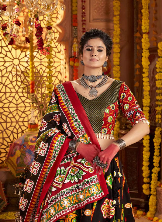 Black Print With Aari And Foil Work Organic Cotton Navratri Lehenga Choli
