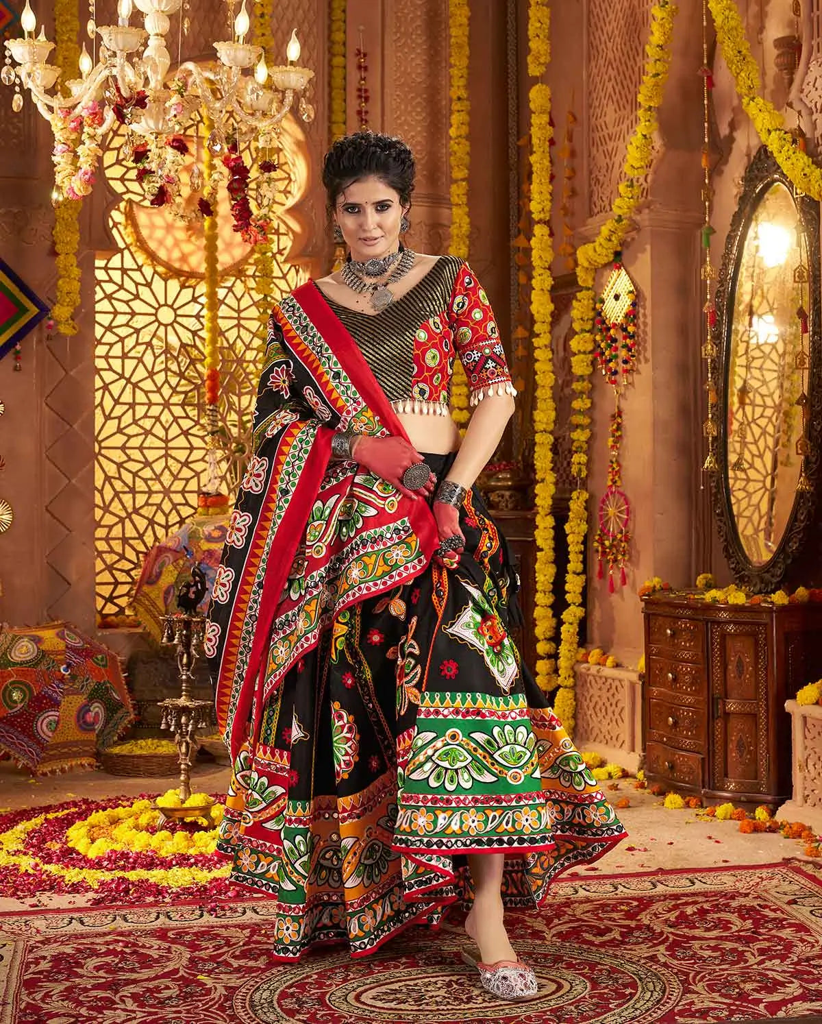 Black Print With Aari And Foil Work Organic Cotton Navratri Lehenga Choli