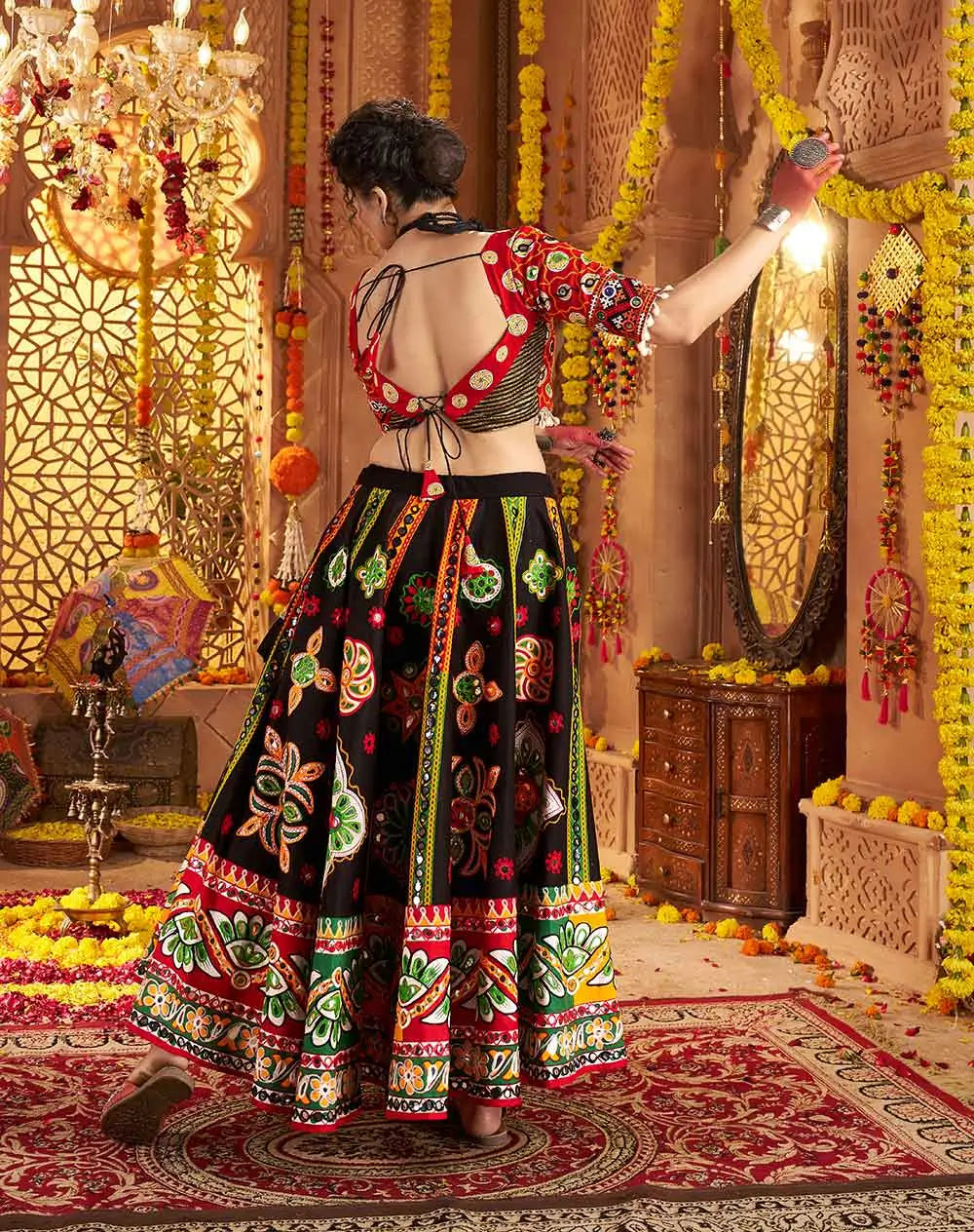 Black Print With Aari And Foil Work Organic Cotton Navratri Lehenga Choli