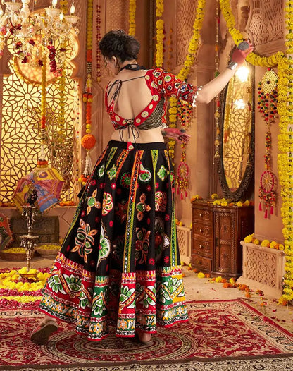 Black Print With Aari And Foil Work Organic Cotton Navratri Lehenga Choli