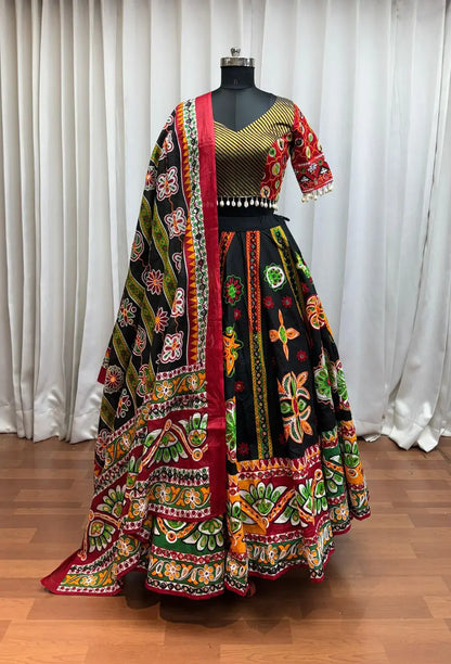 Black Print With Aari And Foil Work Organic Cotton Navratri Lehenga Choli