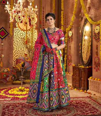 Multi Color Organic Cotton Navratri Lehenga Choli Print With Aari And Foil Work