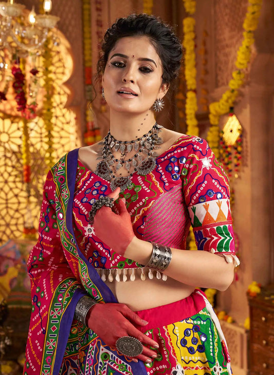 Multi Color Organic Cotton Navratri Lehenga Choli Print With Aari And Foil Work