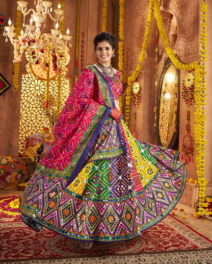 Multi Color Organic Cotton Navratri Lehenga Choli Print With Aari And Foil Work