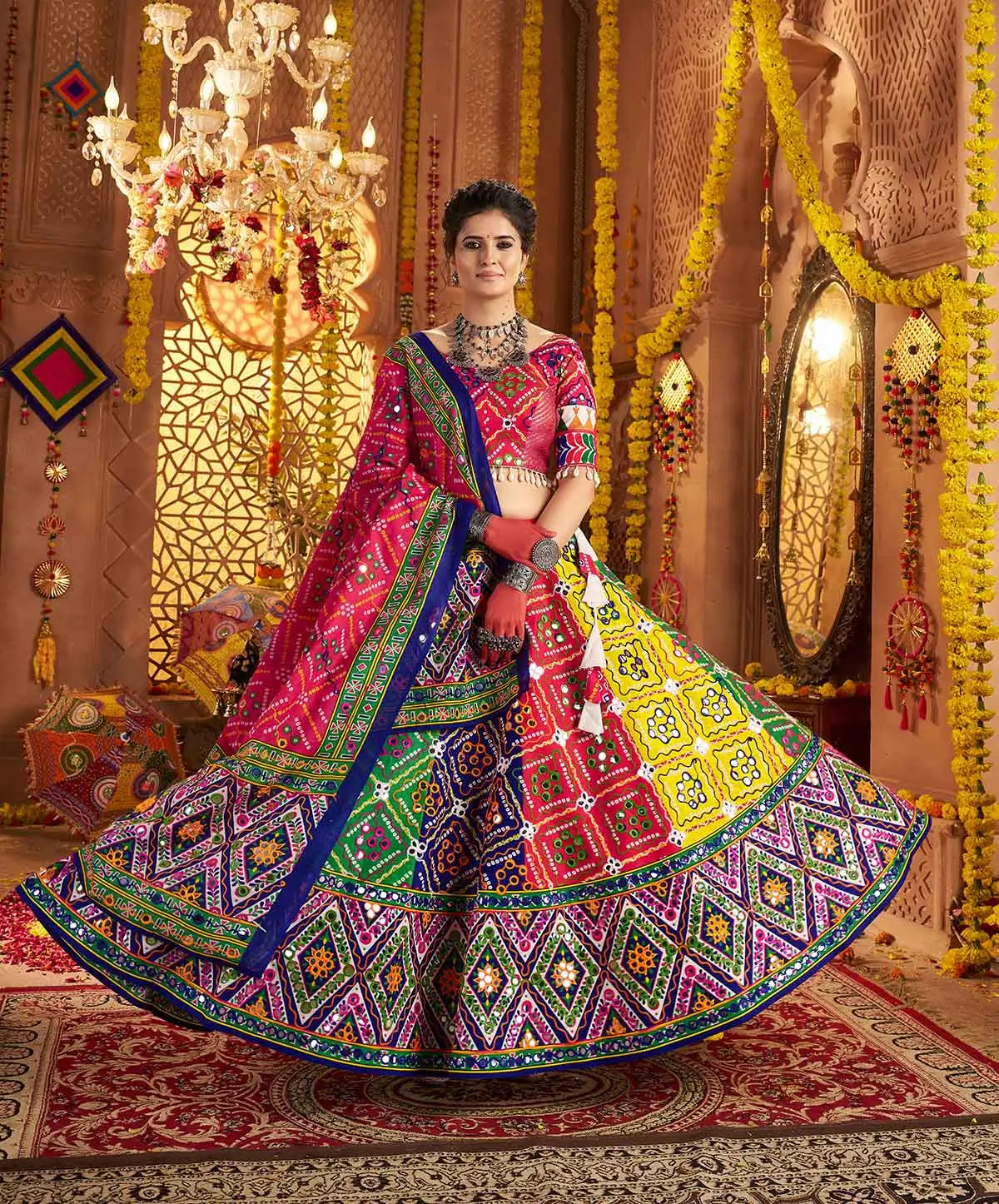 Multi Color Organic Cotton Navratri Lehenga Choli Print With Aari And Foil Work