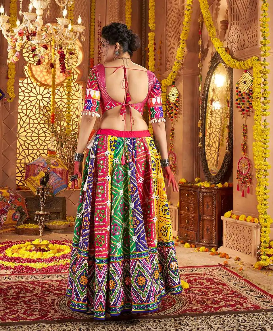 Multi Color Organic Cotton Navratri Lehenga Choli Print With Aari And Foil Work
