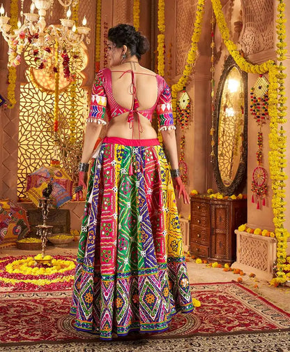 Multi Color Organic Cotton Navratri Lehenga Choli Print With Aari And Foil Work