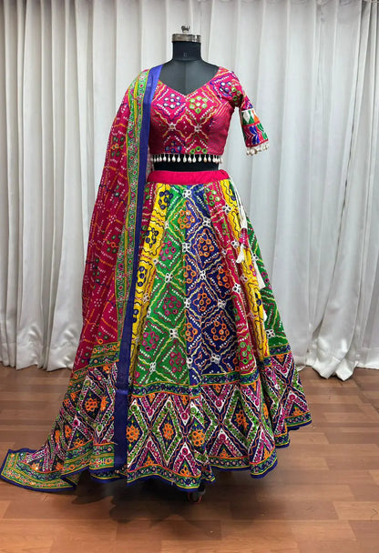 Multi Color Organic Cotton Navratri Lehenga Choli Print With Aari And Foil Work