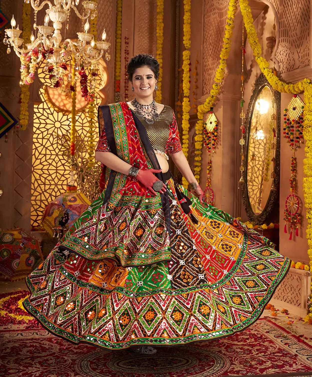 Multi Color Print With Aari And Foil Work Organic Cotton Navratri Lehenga Choli