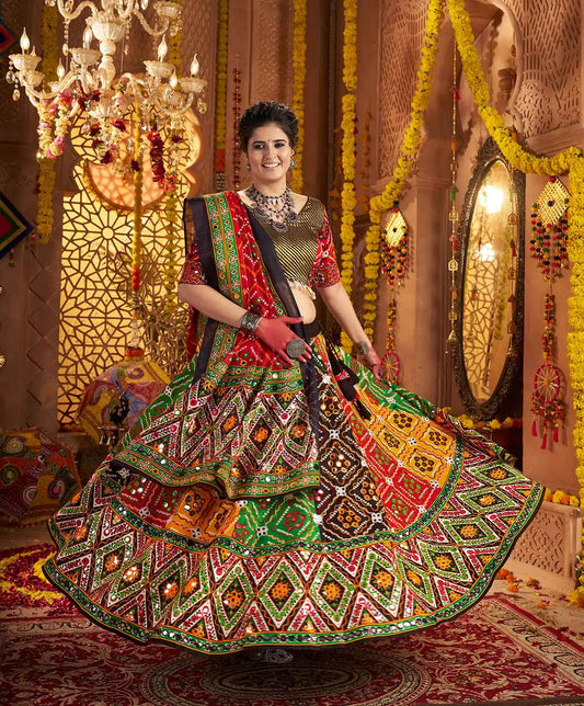 Multi Color Print With Aari And Foil Work Organic Cotton Navratri Lehenga Choli
