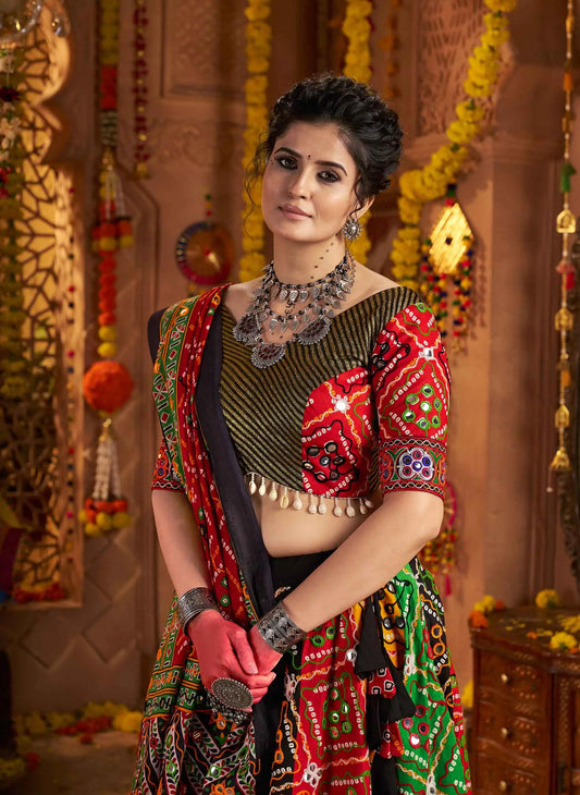 Multi Color Print With Aari And Foil Work Organic Cotton Navratri Lehenga Choli