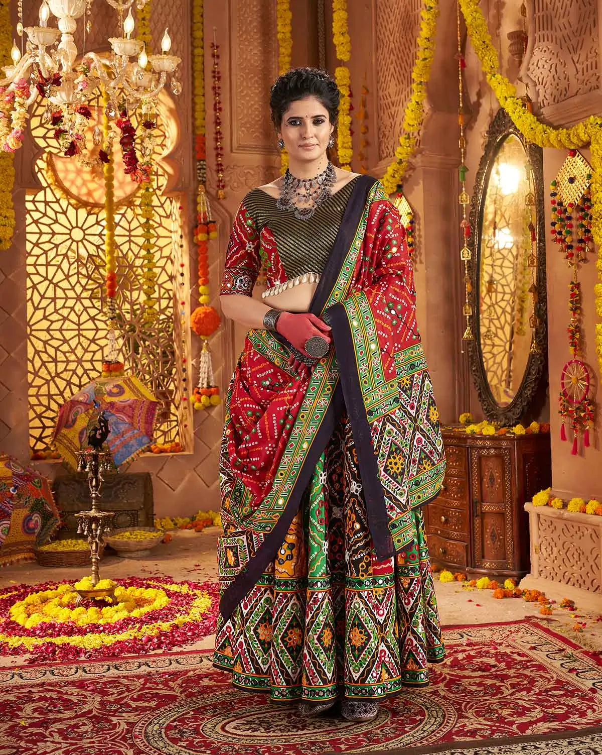 Multi Color Print With Aari And Foil Work Organic Cotton Navratri Lehenga Choli