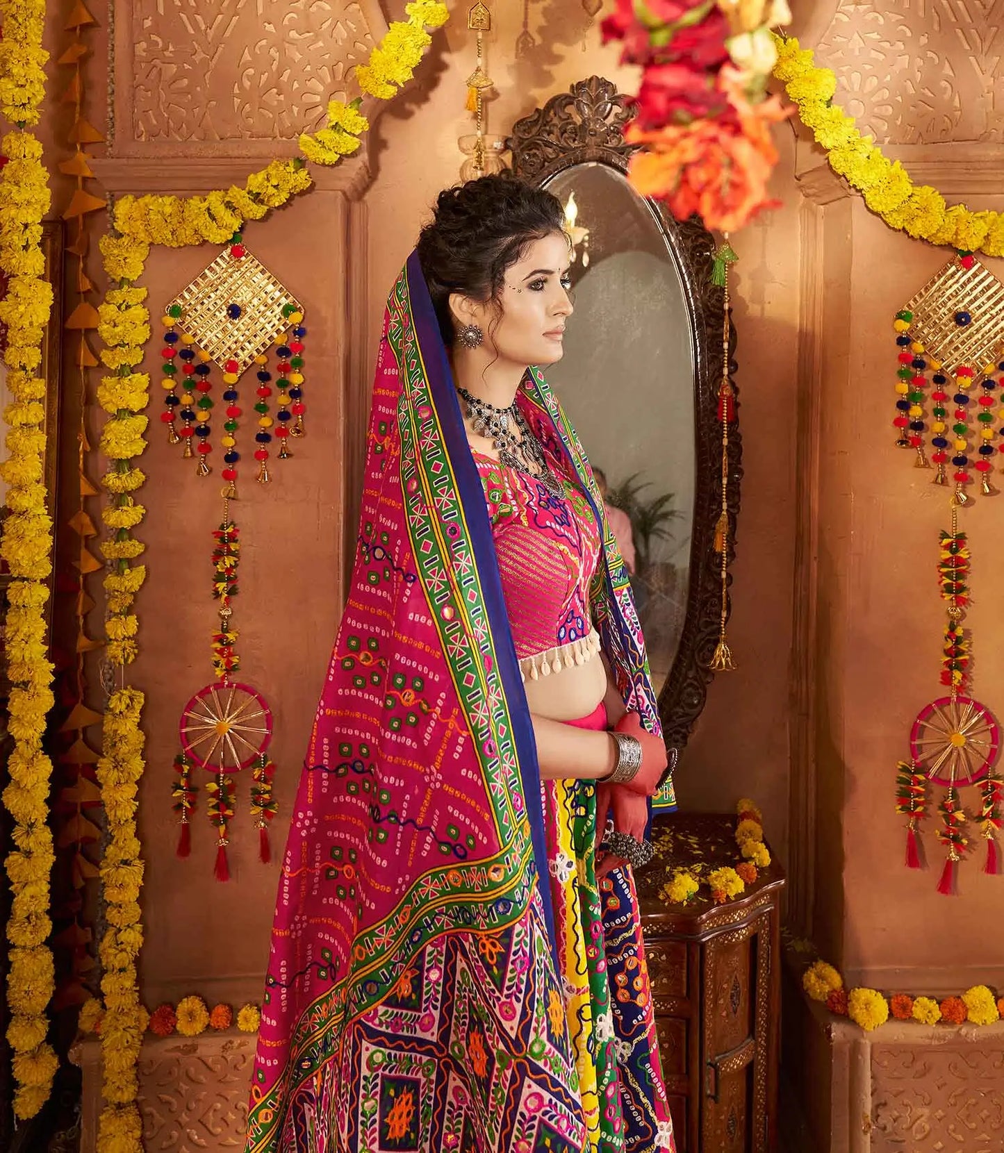 Multi Color Print With Aari And Foil Work Organic Cotton Navratri Lehenga Choli