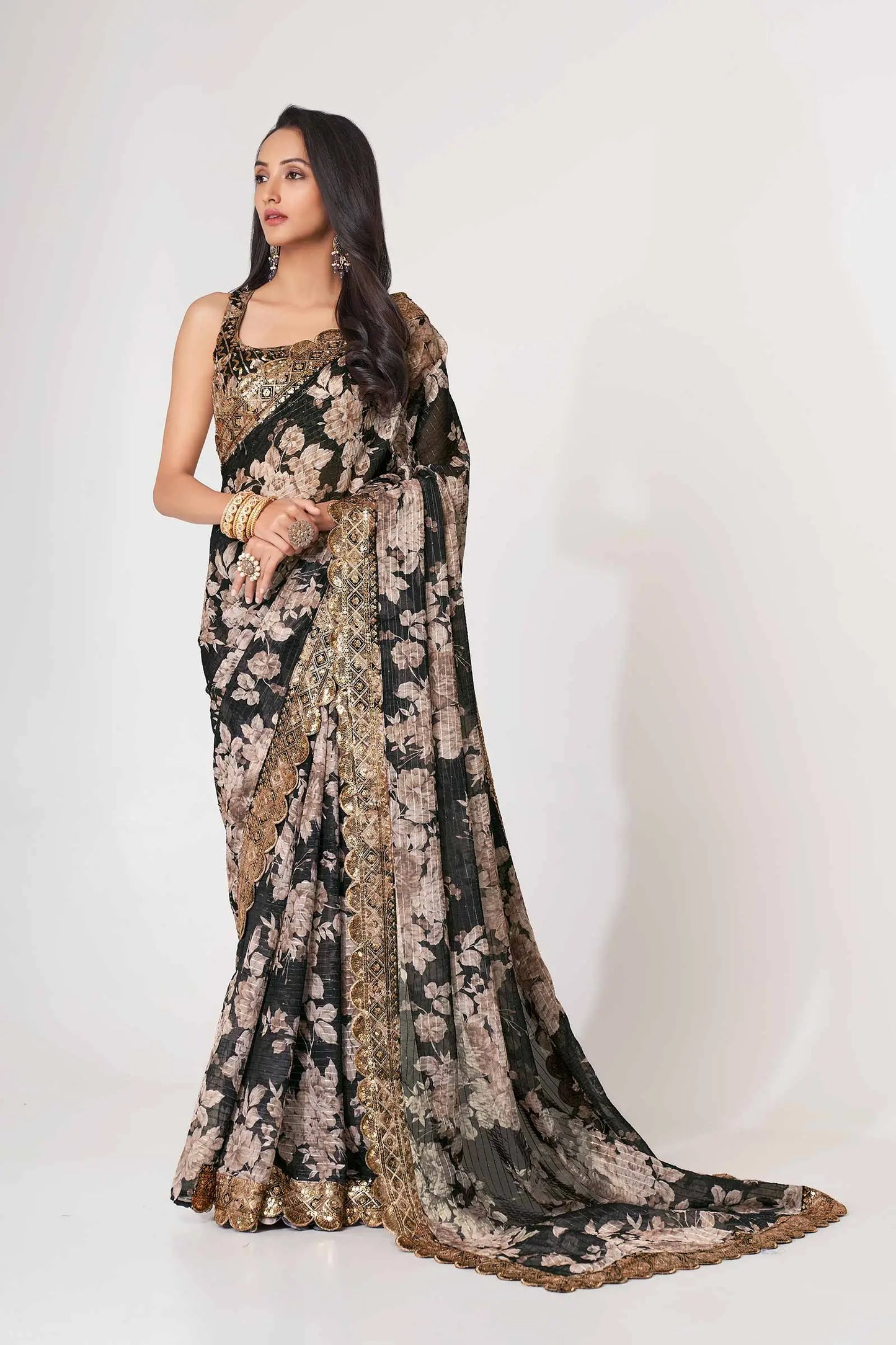 Black Floral Print Organza Saree With Sequins Work