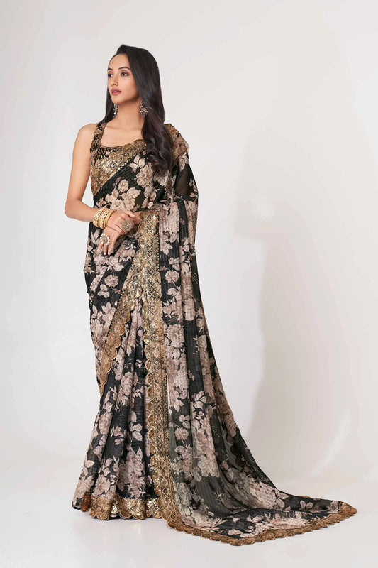 Black Floral Print Organza Saree With Sequins Work