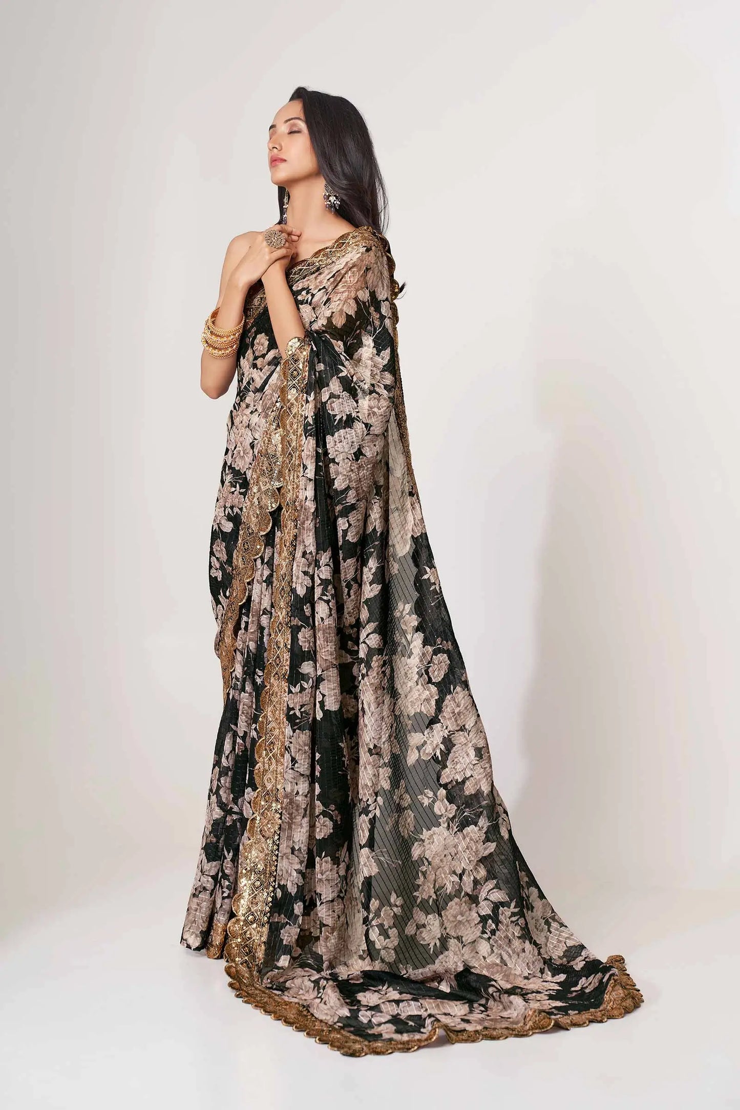 Black Floral Print Organza Saree With Sequins Work