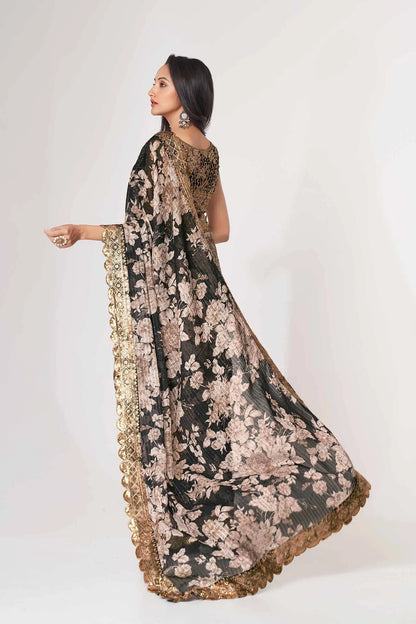 Black Floral Print Organza Saree With Sequins Work