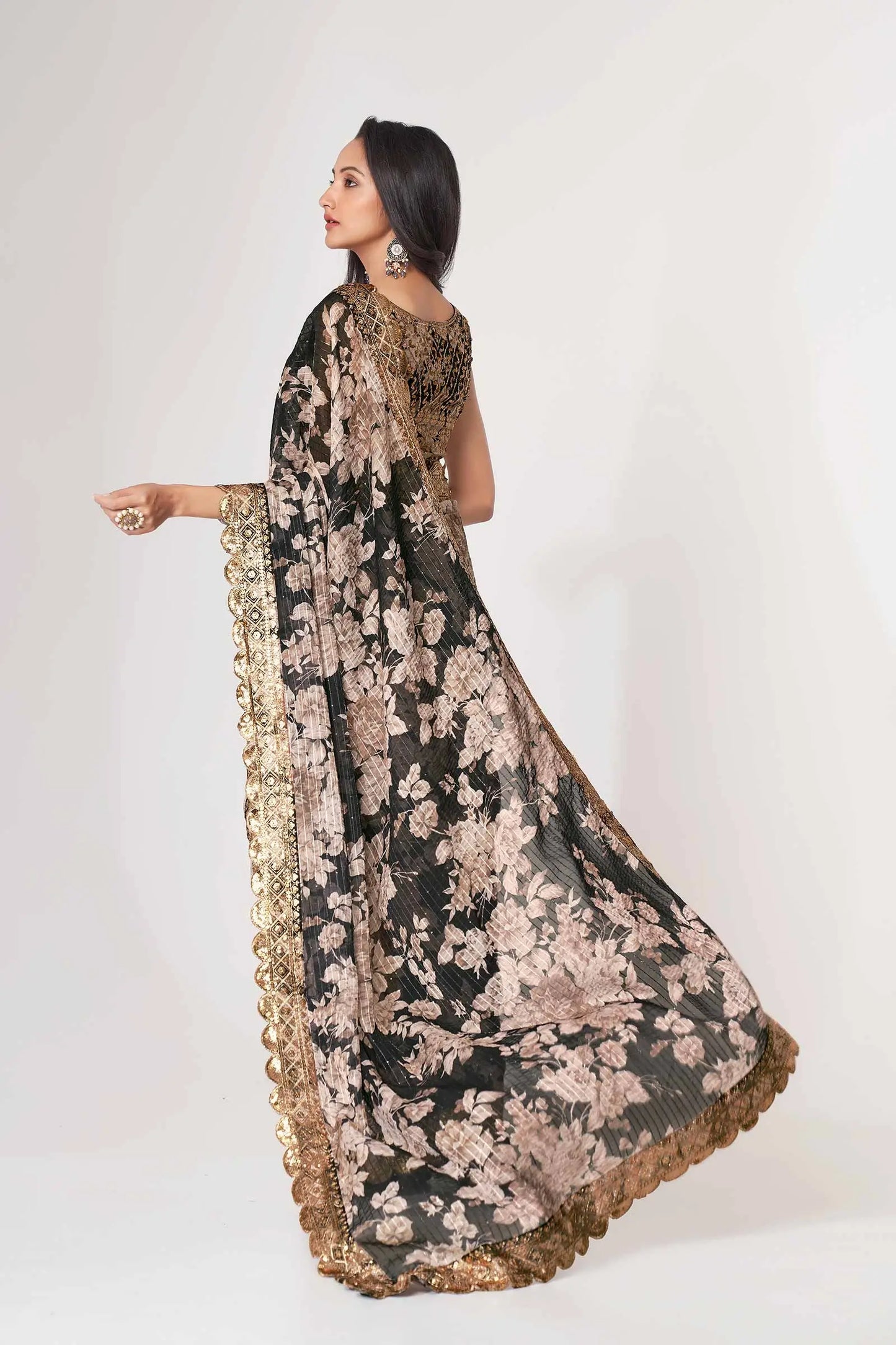 Black Floral Print Organza Saree With Sequins Work