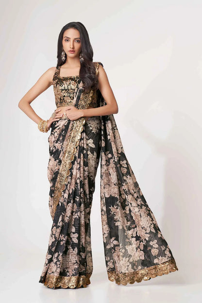 Black Floral Print Organza Saree With Sequins Work