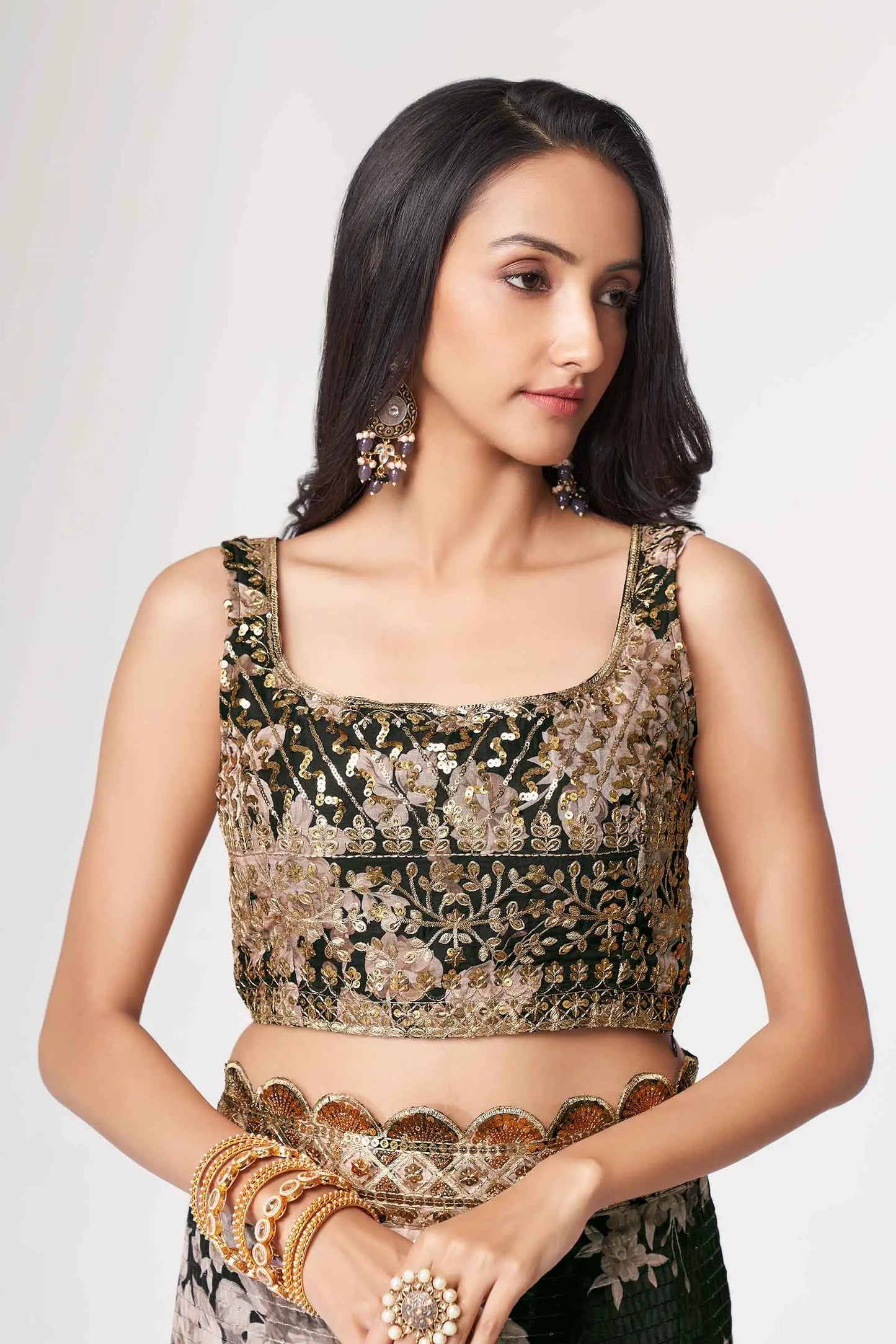 Black Floral Print Organza Saree With Sequins Work