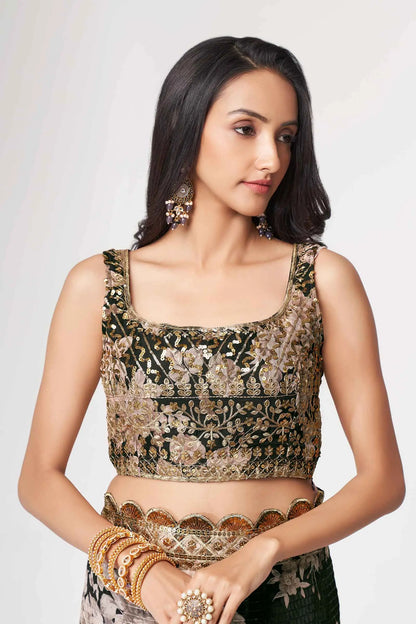 Black Floral Print Organza Saree With Sequins Work