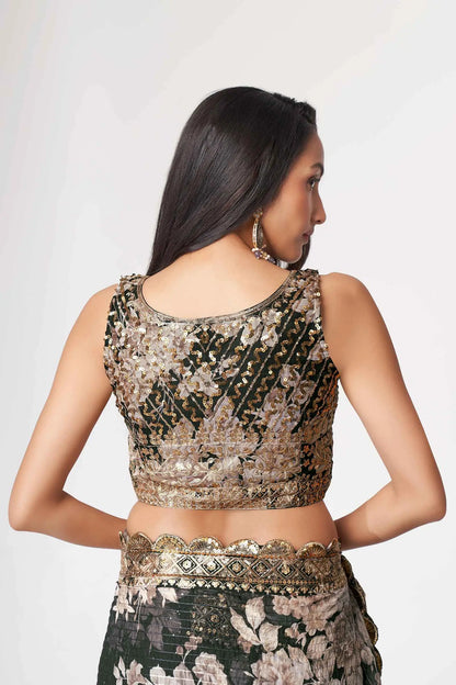 Black Floral Print Organza Saree With Sequins Work