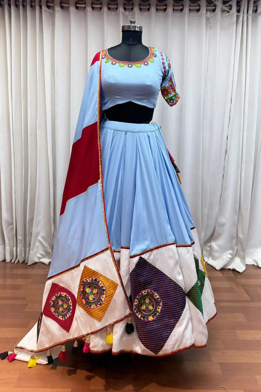 Sky Blue Navratri Lehenga With Embroidery & Jacquard Patch Work
