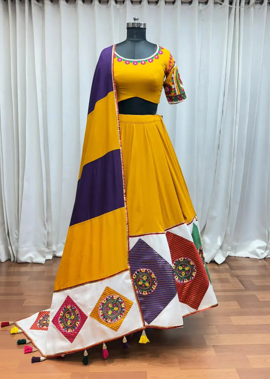 Yellow Navratri Lehenga With Embroidery & Colorful Jacquard Patch Work