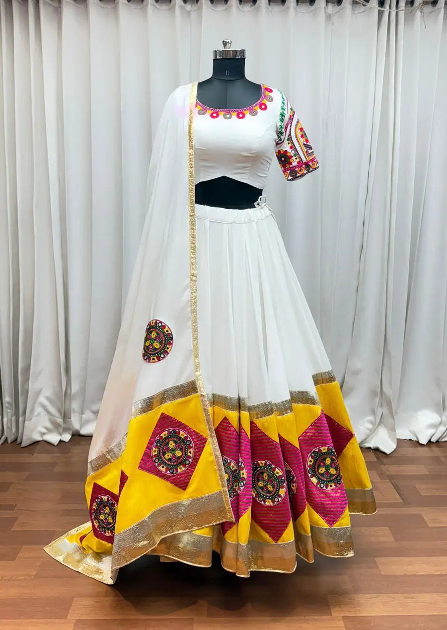 White Navratri Lehenga With Embroidery Mirror & Jacquard Patch Work