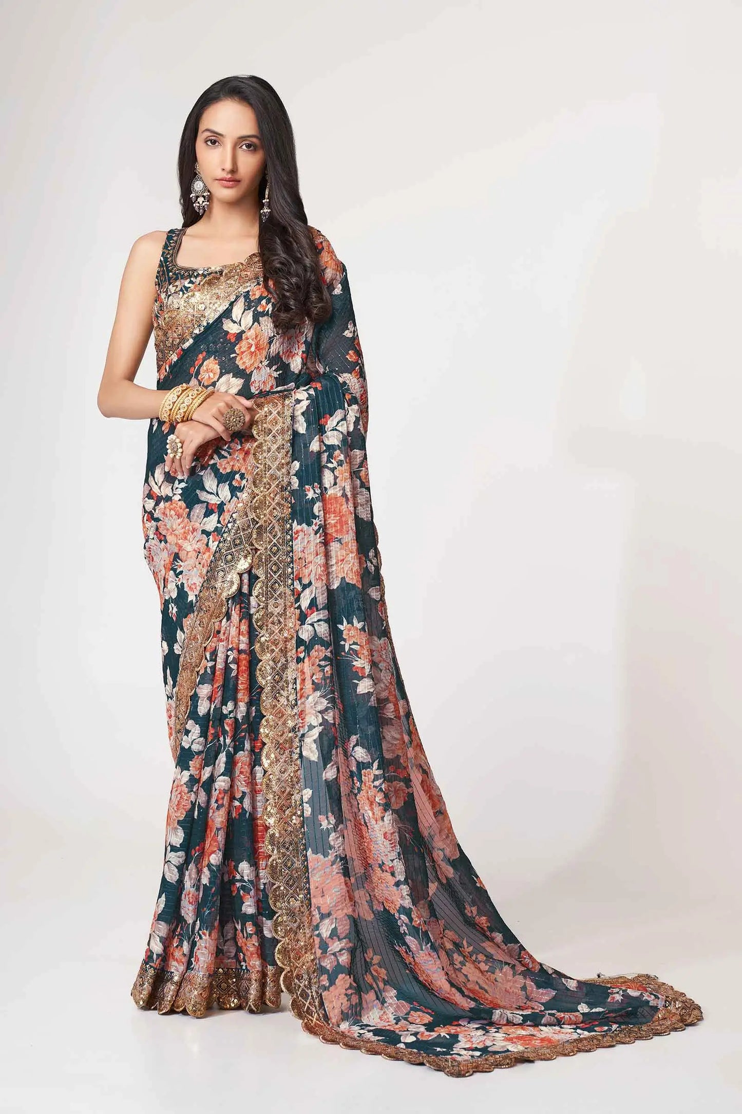 Dove Blue Floral Print Organza Saree With Sequins Work