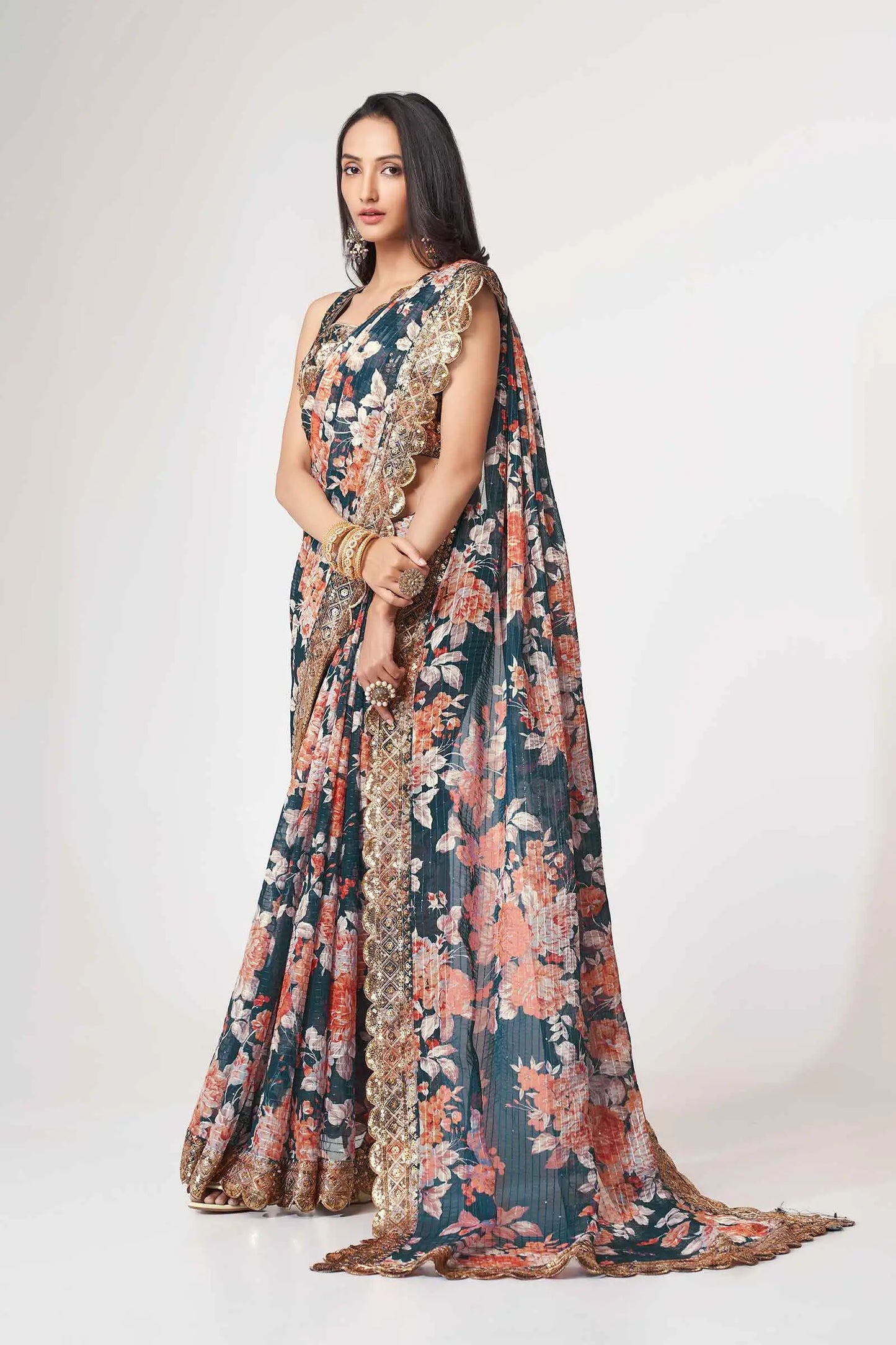 Dove Blue Floral Print Organza Saree With Sequins Work