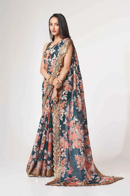 Dove Blue Floral Print Organza Saree With Sequins Work