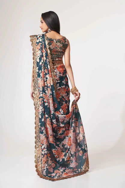 Dove Blue Floral Print Organza Saree With Sequins Work