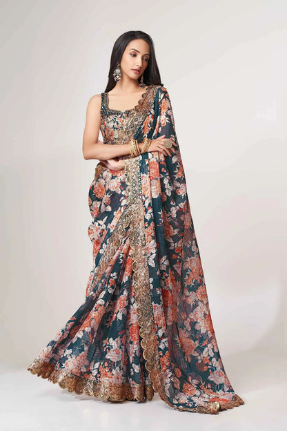Dove Blue Floral Print Organza Saree With Sequins Work