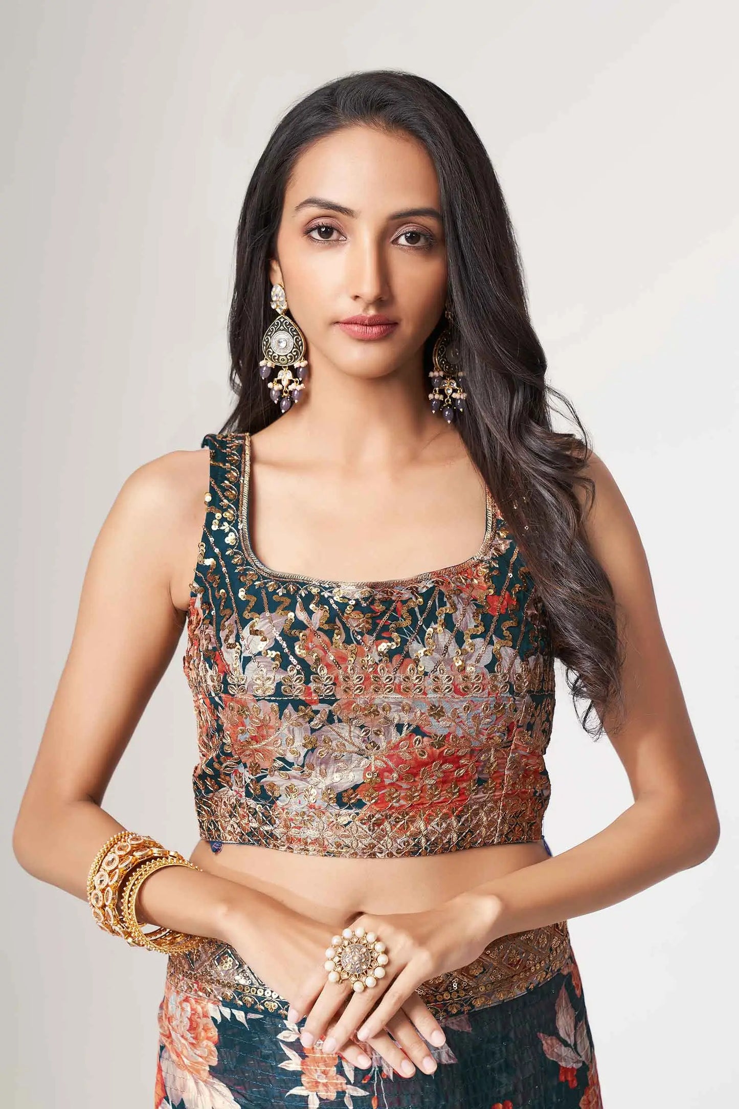 Dove Blue Floral Print Organza Saree With Sequins Work