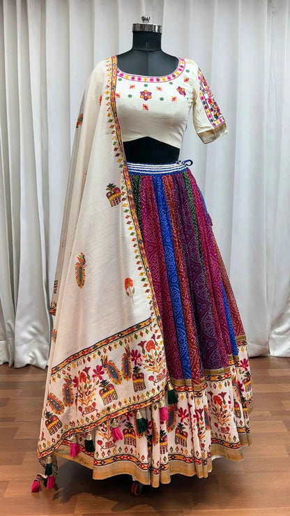 Multi Color Print With Real Mirror Work Navratri Lehenga With Dupatta