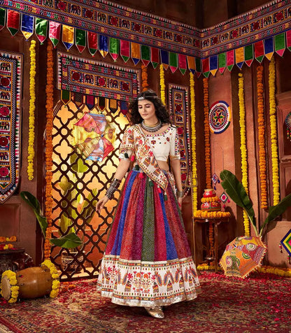 Multi Color Print With Real Mirror Work Navratri Lehenga With Dupatta