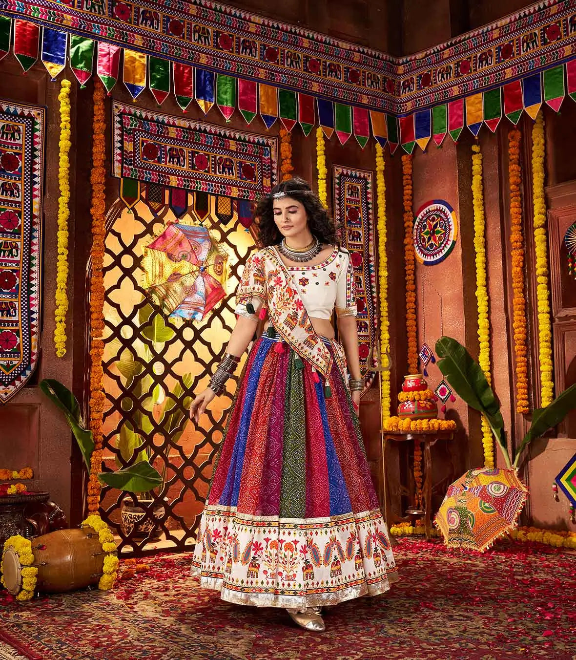 Multi Color Print With Real Mirror Work Navratri Lehenga With Dupatta