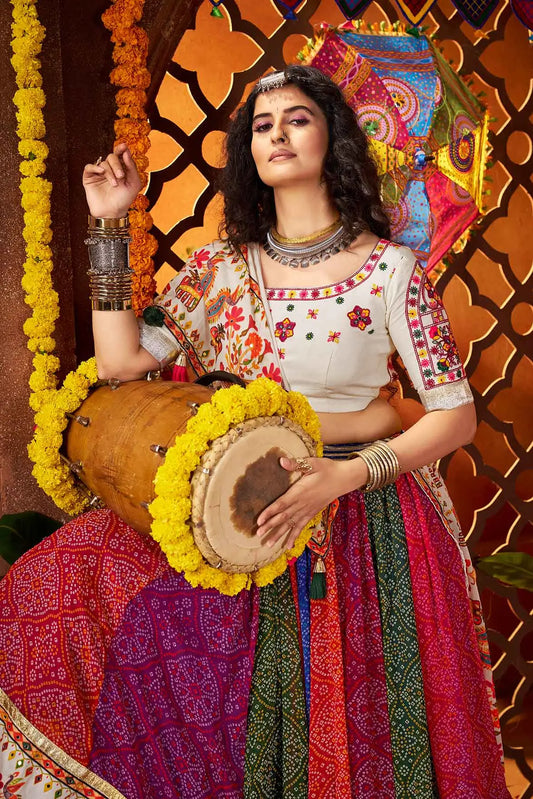 Multi Color Print With Real Mirror Work Navratri Lehenga With Dupatta
