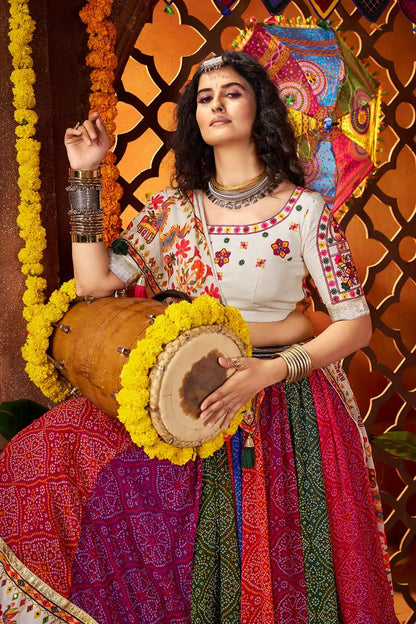 Multi Color Print With Real Mirror Work Navratri Lehenga With Dupatta
